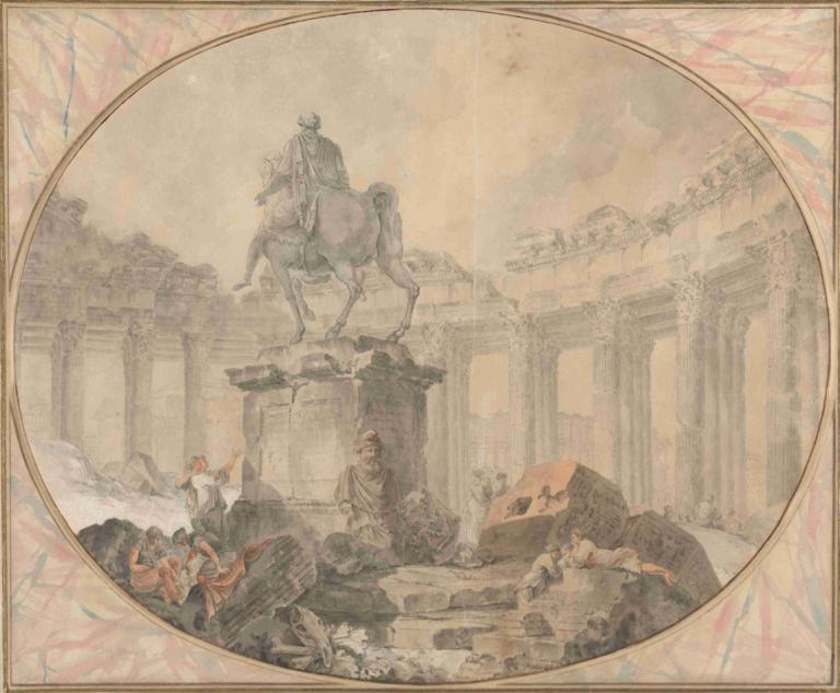 Equestrian Statue of Marcus Aurelius,Rytterstatue af Marcus Aurelius,Hubert Robert,Oliemaleri,Oliemaleri