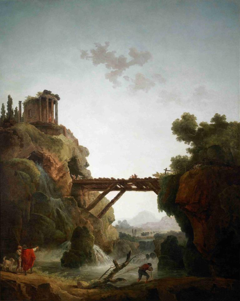 Fantastic View of Tivoli,Hubert Robert,Oil Painting,Oil Painting, outdoors, scenery, tree, water, sky, bridge