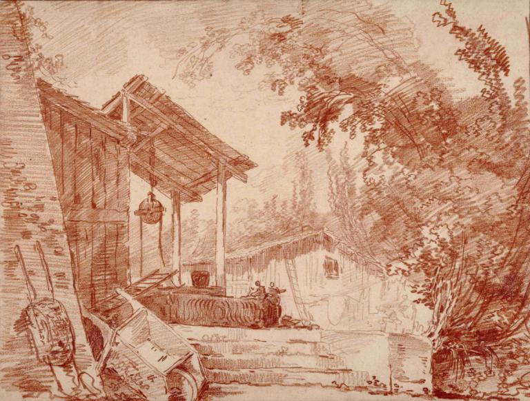 Farmyard with Two Figures by a Well and a Large Wheelbarrow in the Foreground,Hubert Robert