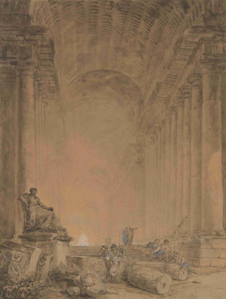 Figures in a Colonnade,列柱の中の人物,Hubert Robert,ユベール・ロベール,銅版エッチング,銅版エッチング, 男の子1名, 座っている, ソロ, 柱, モノクロ, 男性の焦点