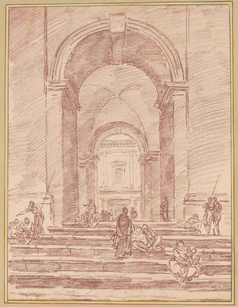 Figures in a Roman Arcade,Hubert Robert,Copperplate Etching,Copperplate Etching, monochrome, stairs