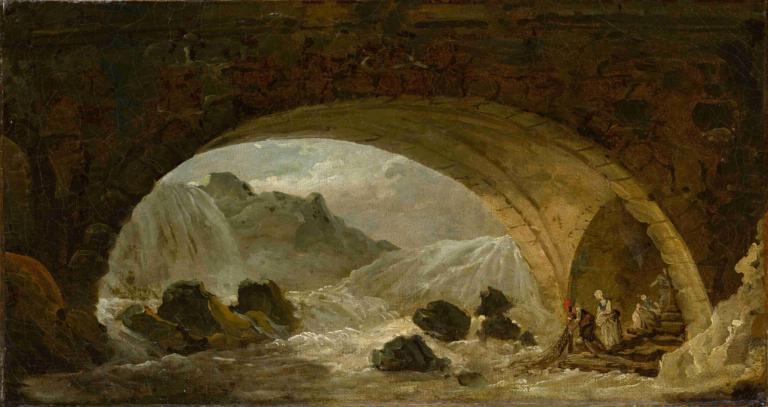 Fishermen Under a Bridge,Hubert Robert,Oil Painting,Oil Painting, multiple boys, cave, watercraft, water