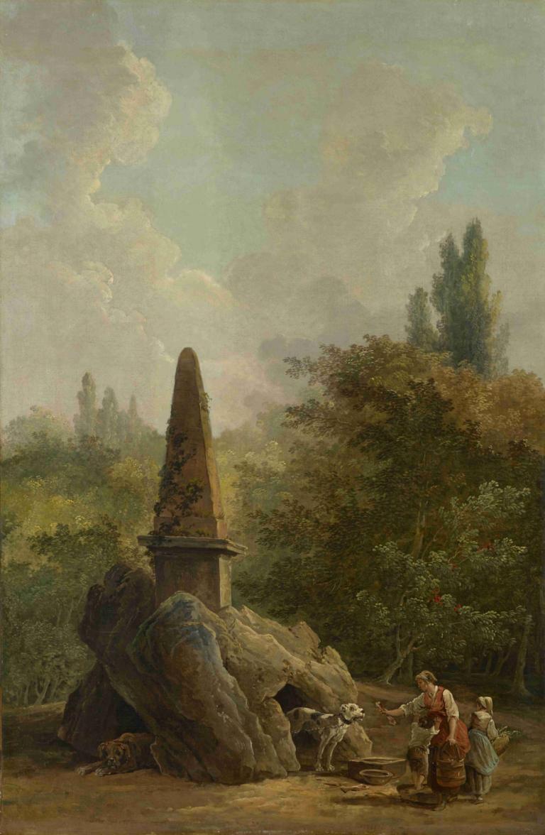 Garden Monument,Hubert Robert,Oil Painting,Oil Painting, tree, outdoors, multiple boys, sky, cloud, scenery