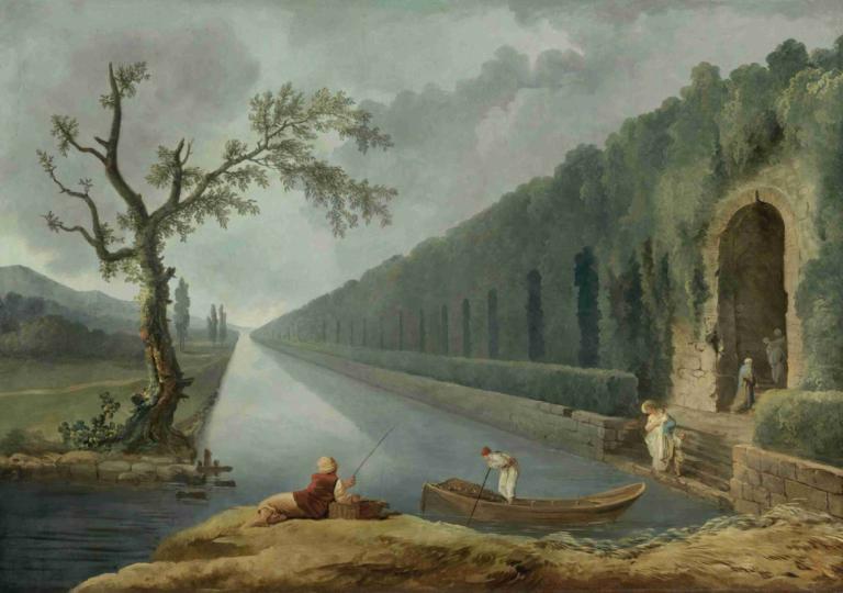 Garden Scene With A Canal,Vrtni prizor s kanalom,Hubert Robert,Oljna slika,Oljna slika, drevo, čoln