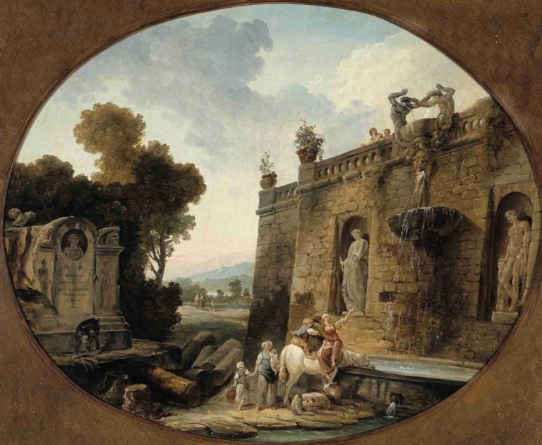 L'Abreuvoir,Hubert Robert,Pintura al óleo,Pintura al óleo, árbol, agua, estatua, cielo, escenario