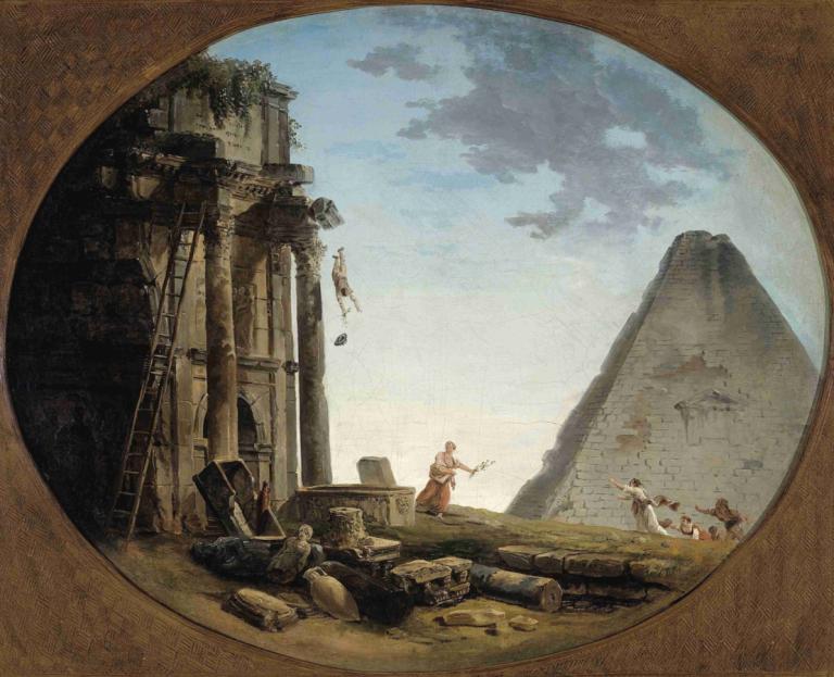 L'Accident,Hubert Robert,Pintura al óleo,Pintura al óleo, restos, cielo, nube, 1 chico, escenario, solo