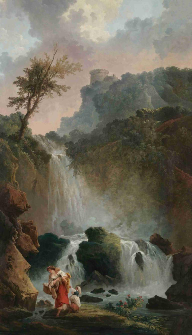 La Cascade,La Cascada,Hubert Robert,Pintura al óleo,Pintura al óleo, cascada, al aire libre, árbol, agua