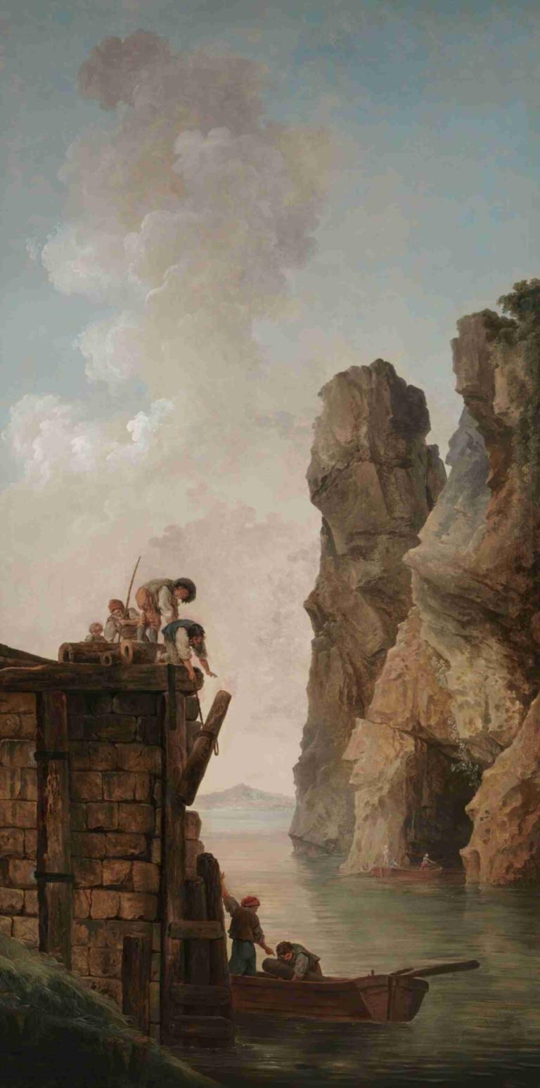 La Débarcadère,Hubert Robert,Pintura al óleo,Pintura al óleo, al aire libre, embarcación, nube, cielo