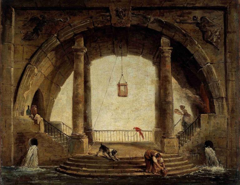 La Fontaine,Hubert Robert,Pintura al óleo,Pintura al óleo, escaleras, agua, embarcación, varios chicos, bote