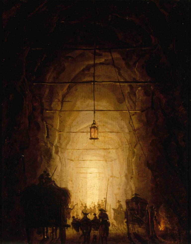 La Grotte du Pausilippe,Gruta de Pausilippe,Hubert Robert,Pintura al óleo,Pintura al óleo, oscuro, adentro