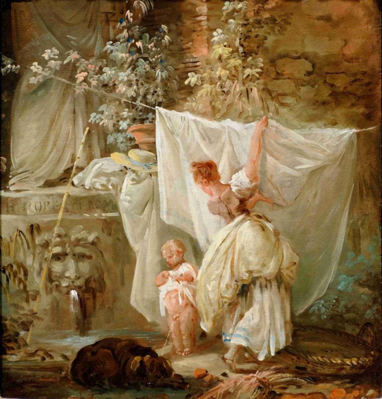 Laundress And Child,Lavandera y niño,Hubert Robert,Pintura al óleo,Pintura al óleo, parodia de bellas artes