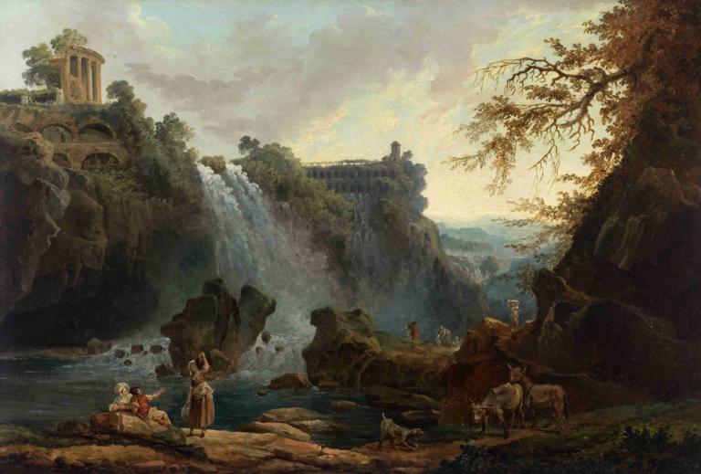 Les Cascatelles de Tivoli,Tivolis fald,Hubert Robert,Oliemaleri,Oliemaleri, landskab, træ, udendørs, vand