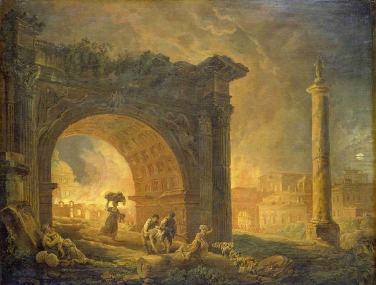 Roman Ruins,romerske ruiner,Hubert Robert,Oliemaleri,Oliemaleri, landskab, flere drenge, Sky