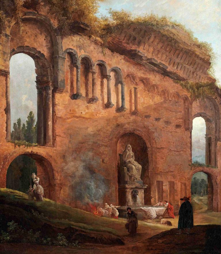 Roman ruins with laundresses,Ρωμαϊκά ερείπια με πλύστρες,Hubert Robert,Ελαιογραφία,Ελαιογραφία, αψίδα, τοπίο