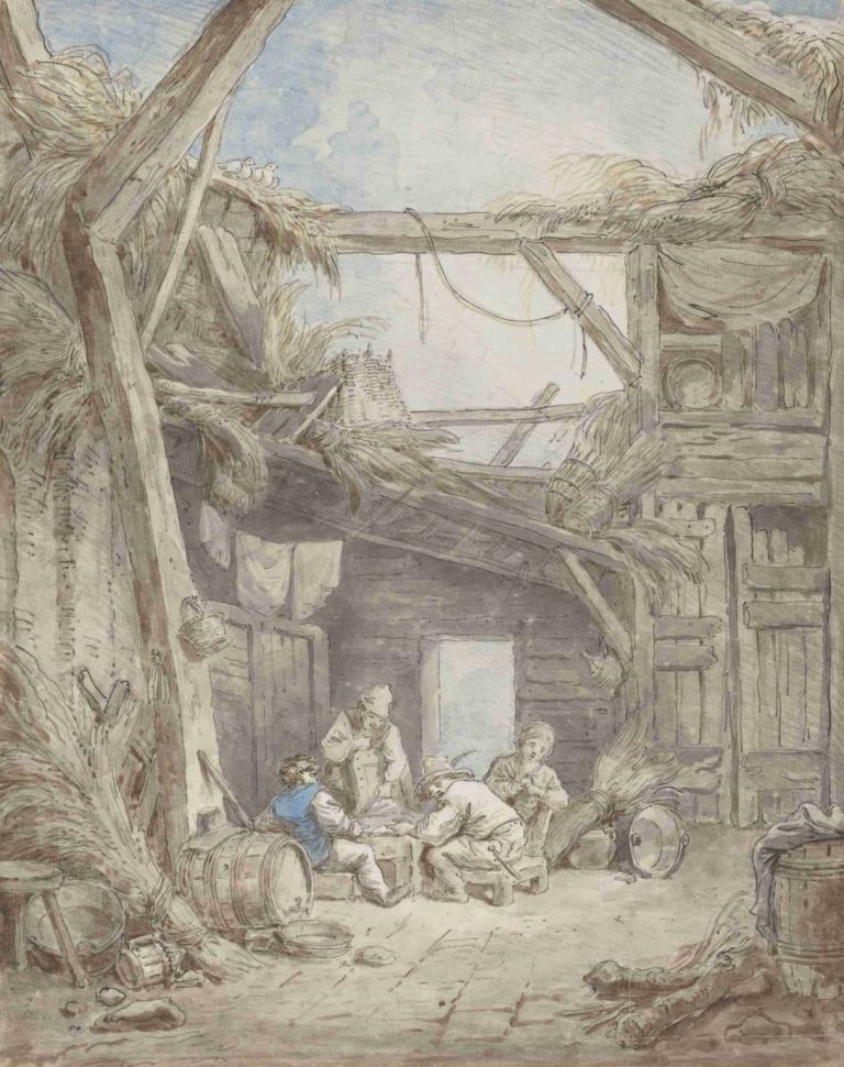 Ruined Farm,Ruinerad gård,Hubert Robert,Kopparplåt Etsning,Kopparplåt Etsning, tunna, ruiner, flera pojkar