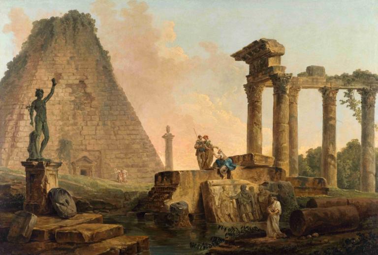 Ruines Romaines,romerske ruiner,Hubert Robert,Oliemaleri,Oliemaleri, udendørs, flere drenge, himmel, landskab