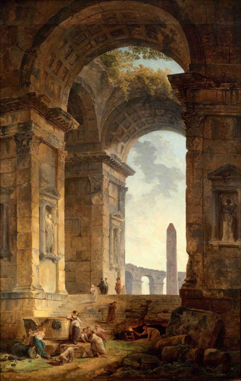 Ruins with an obelisk in the distance,Ερείπια με έναν οβελίσκο στο βάθος,Hubert Robert,Ελαιογραφία