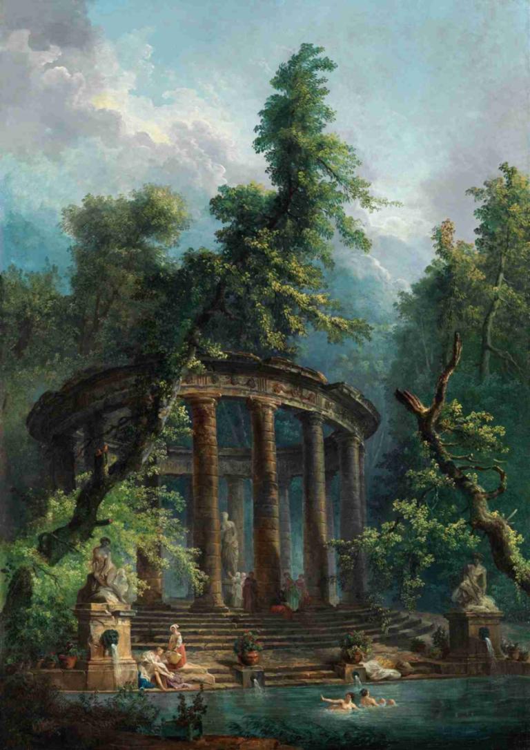 The Bathing Pool,Η πισίνα κολύμβησης,Hubert Robert,Ελαιογραφία,Ελαιογραφία, δέντρο, τοπίο, σύννεφο