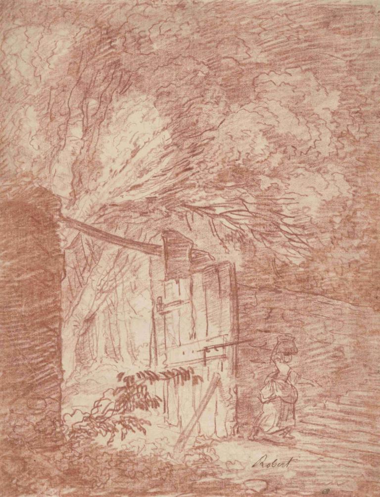 The Garden Gate,花园之门,Hubert Robert,休伯特-罗伯特,铜版画,铜版画, 树, 单色, 1男孩, 独奏, 自然, 1个女孩, 传统媒体, 户外, 过时的, 森林, 男性焦点