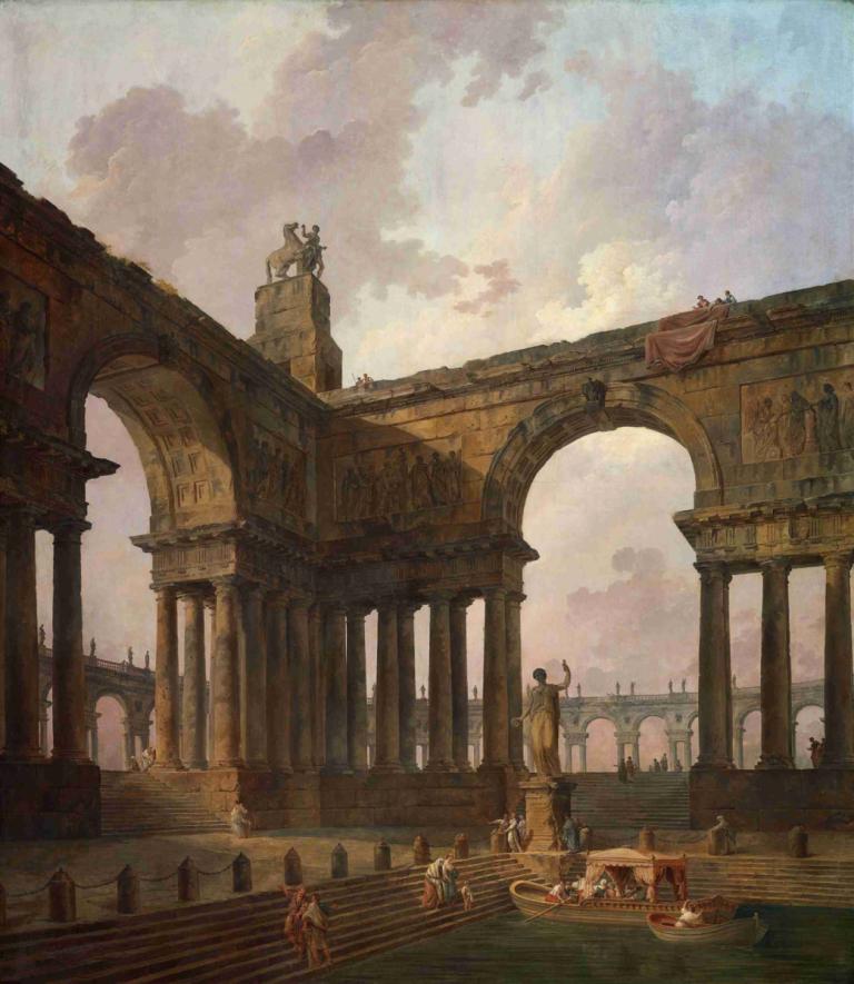 The Landing Place,着陆场,Hubert Robert,休伯特-罗伯特,油画,油画, 风景, 船只, 云, 天空, 船, 户外, 桥, 水, 多云的天空, 多个男孩