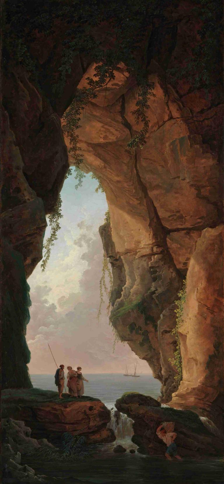 The Mouth of a Cave,洞口,Hubert Robert,休伯特-罗伯特,油画,油画, 户外, 风景, 多个男孩, 云, 天空, 水, 天, 常设, 植物, 岩石