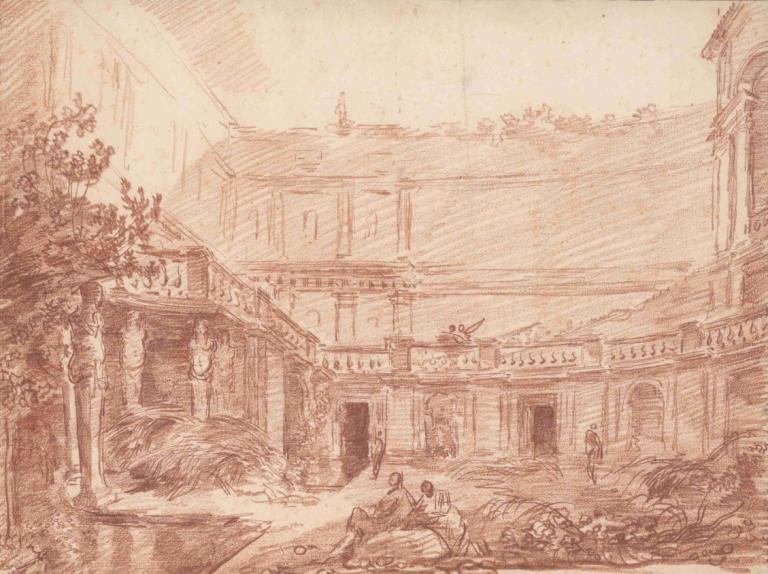 The Nymphaeum of the Villa di Papa Giulio, Rome,罗马朱利奥教皇别墅仙宫,Hubert Robert,休伯特-罗伯特,铜版画,铜版画, 单色, 风景, 传统媒体, 树