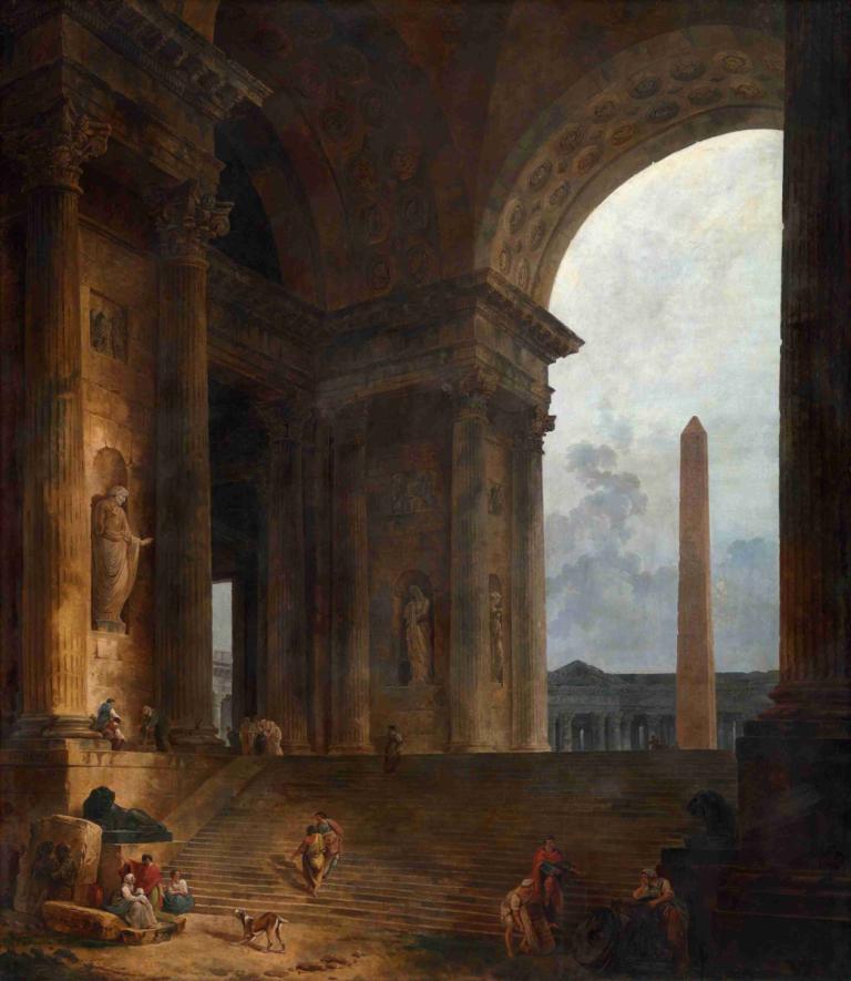 The Obelisk,方尖碑,Hubert Robert,休伯特-罗伯特,油画,油画, 雕像, 风景, 支柱, 美术模仿, 多个男孩, 云, 柱子, 天空, 建筑学, 拱, 楼梯, 坐着, 马