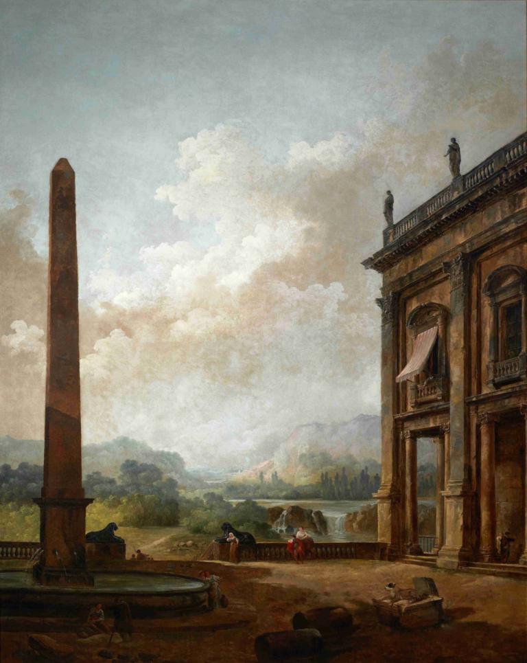 The Obelisk,方尖碑,Hubert Robert,休伯特-罗伯特,油画,油画, 风景, 云, 户外, 天空, 多云的天空, 建筑学, 多个男孩, 传统媒体