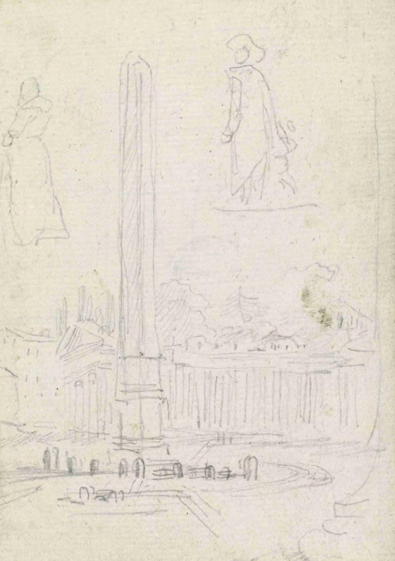 The Obelisk in Saint Peter's Square,圣彼得广场方尖碑,Hubert Robert,休伯特-罗伯特,素描,素描, 单色, 草图, 帽子, 传统媒体, 1个女孩, 树, 建筑, 多个男孩