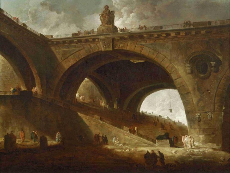 The Old Bridge,老桥,Hubert Robert,休伯特-罗伯特,油画,油画, 风景, 云, 多个男孩, 天空, 马, 6+男孩, 户外