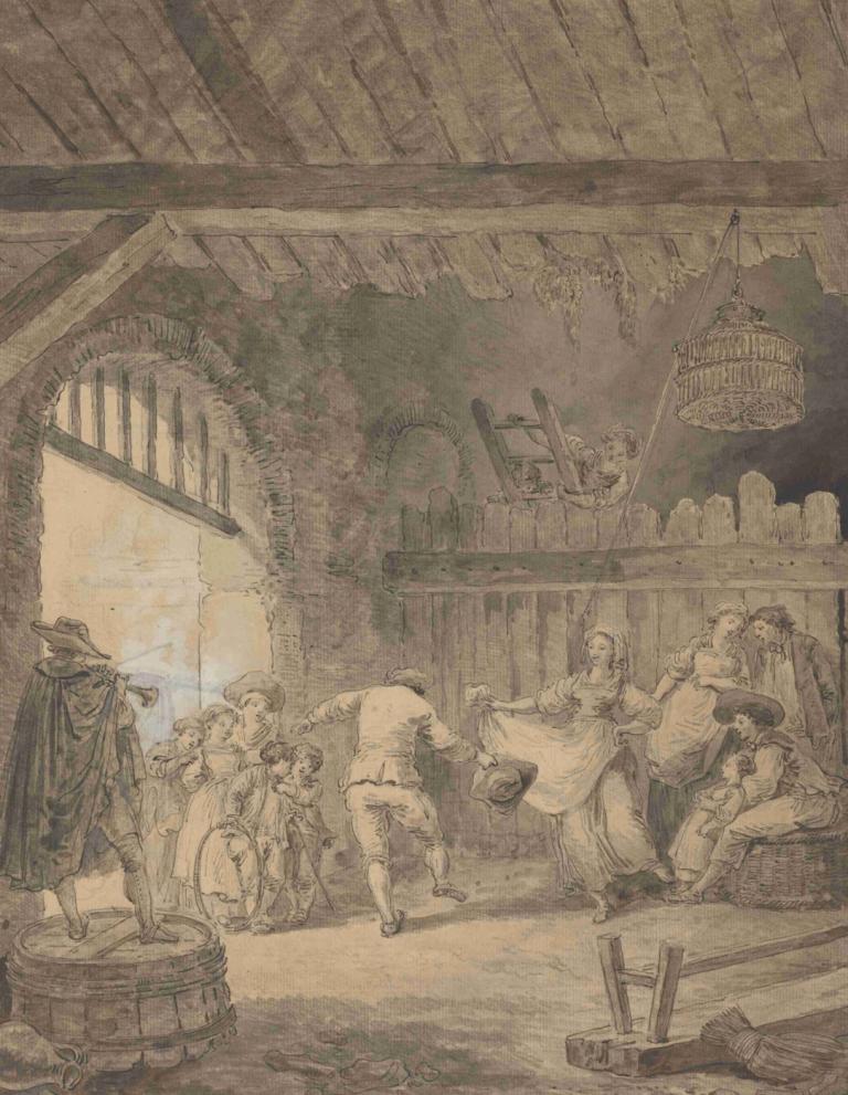 The Peasant Dance,农民之舞,Hubert Robert,休伯特-罗伯特,铜版画,铜版画, 多个男孩, 多个女孩, 单色, 帽子, 草图, 裙子