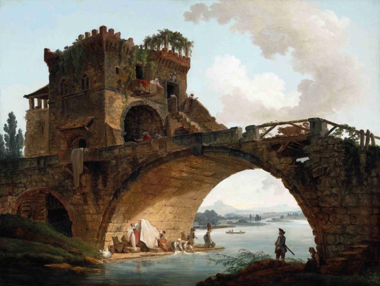 The Ponte Salario,萨拉里奥桥,Hubert Robert,休伯特-罗伯特,油画,油画, 风景, 多个男孩, 武器, 树, 户外, 云, 天空, 船只, 水, 天, 地面车辆, 剑, 6+男孩