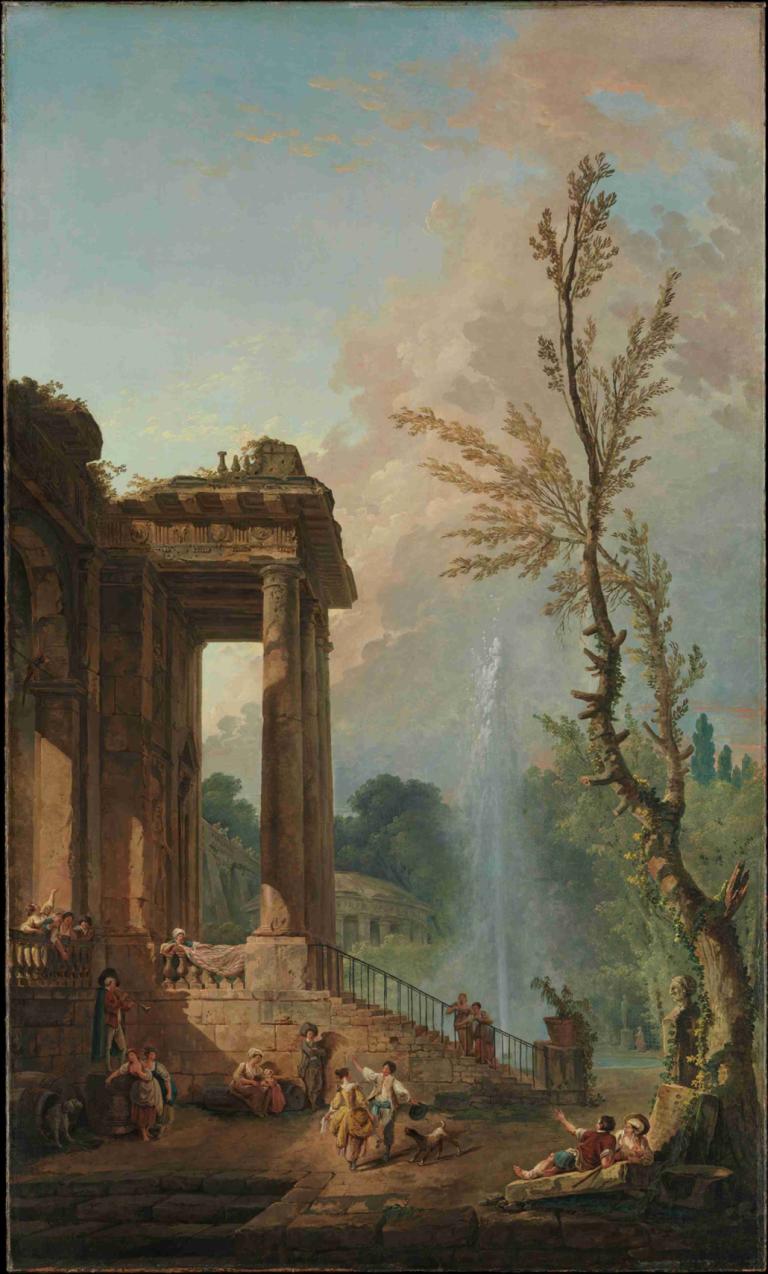 The Portico of a Country Mansion,乡间别墅的门廊,Hubert Robert,休伯特-罗伯特,油画,油画, 树, 多个男孩, 天空, 户外, 风景, 云, 6+男孩