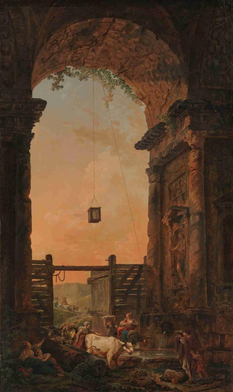 The Return of the Cattle,牛群归来,Hubert Robert,休伯特-罗伯特,油画,油画, 风景, 户外, 天空, 书, 云, 植物, 坐着