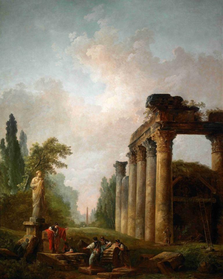 The Ruin,废墟,Hubert Robert,休伯特-罗伯特,油画,油画, 树, 户外, 云, 风景, 天空, 多个男孩, 草, 雕像, 废墟, 多云的天空, 坐着