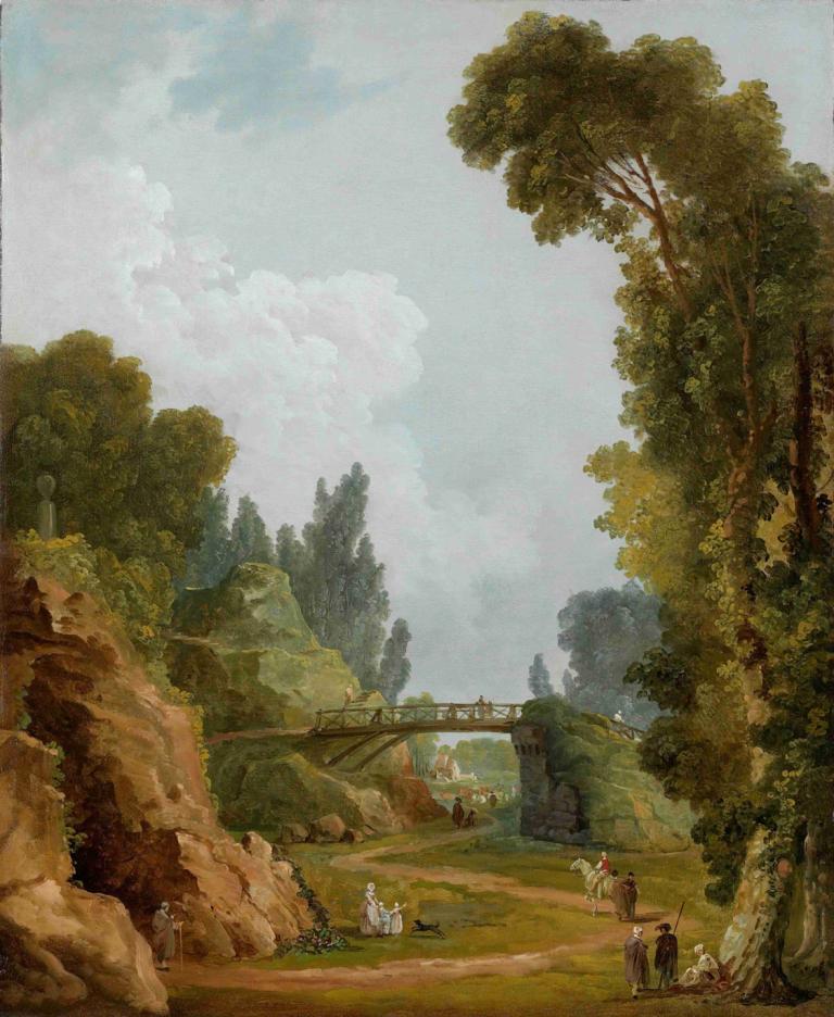 The Rustic Bridge, Château de Méréville, France,乡村桥，法国梅雷维尔城堡,Hubert Robert,休伯特-罗伯特,油画,油画, 树, 户外, 风景, 云, 天空