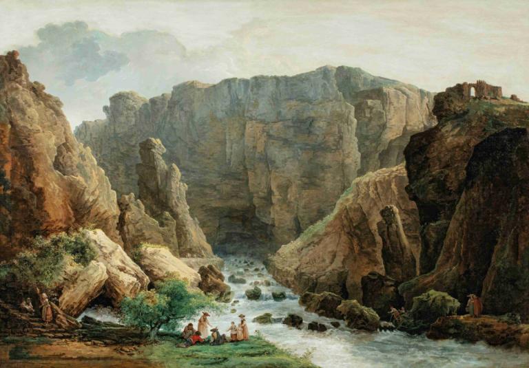 The Springs At Fontaine De Vaucluse,沃克吕兹方丹温泉酒店,Hubert Robert,休伯特-罗伯特,油画,油画, 风景, 户外, 水, 树, 河, 自然, 山, 岩石, 没有人类