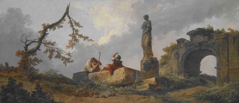 The Statue,雕像,Hubert Robert,休伯特-罗伯特,油画,油画, 树, 户外, 云, 武器, 多个男孩, 天空, 保持, 风景, 多云的天空, 坐着, 草, 长袍, 2个男孩