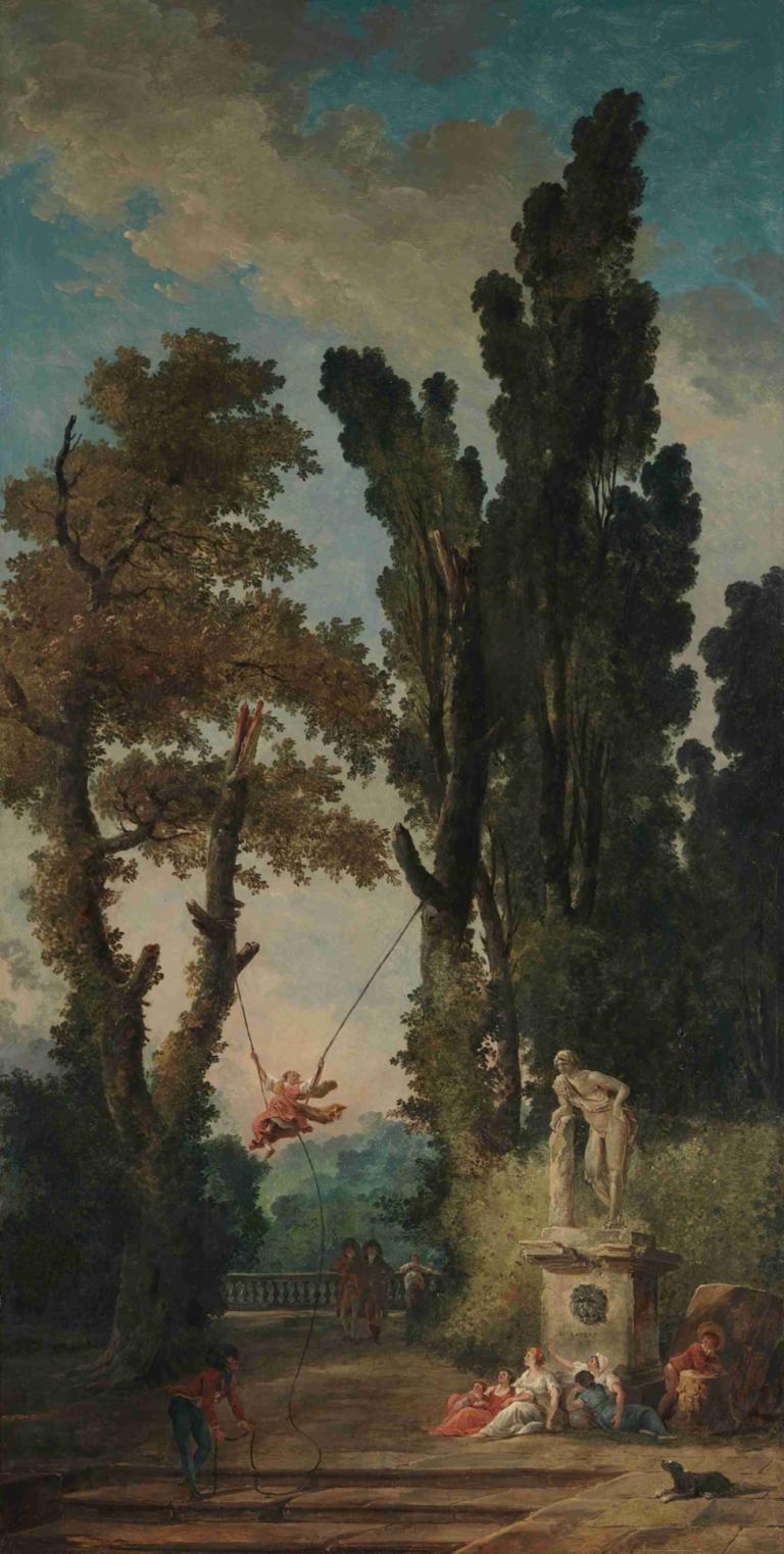 The Swing,秋千,Hubert Robert,休伯特-罗伯特,油画,油画, 树, 户外, 天空, 云, 风景, 多个男孩, 马