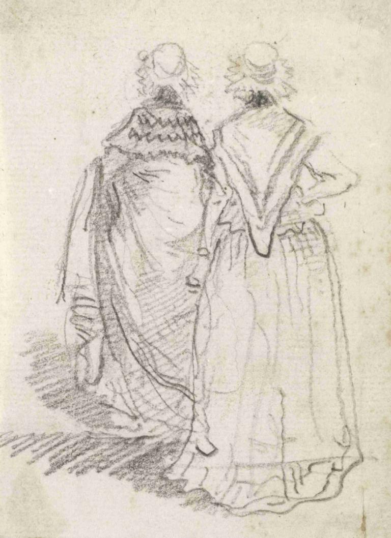 Two Women Seen from Behind,从背后看两个女人,Hubert Robert,休伯特-罗伯特,铜版画,铜版画, 单色, 传统媒体, 多个男孩, 帽子, 2个男孩, 草图, 灰度, 从后面, 男性焦点