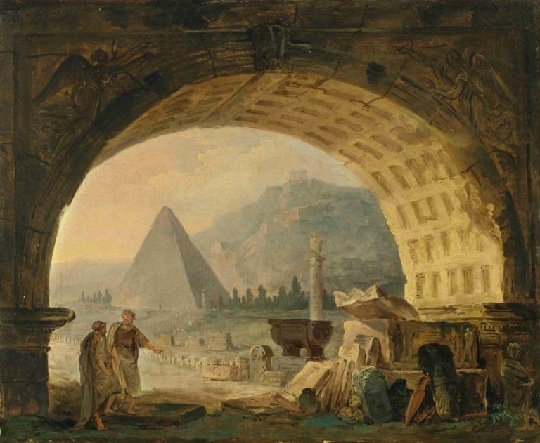 View Of Antiquities Under An Arch,Ansicht von Antiquitäten unter einem Bogen,Hubert Robert,Ölgemälde