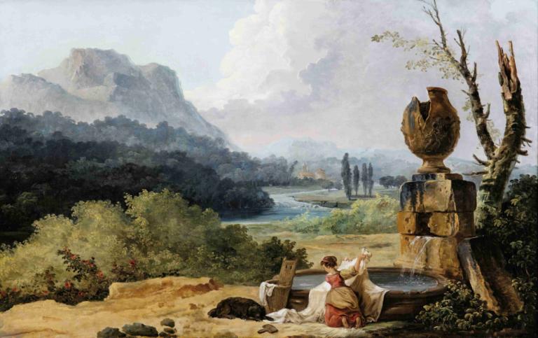 Washerwoman In A Landscape,Wäscherin in einer Landschaft,Hubert Robert,Ölgemälde,Ölgemälde, Baum, draußen