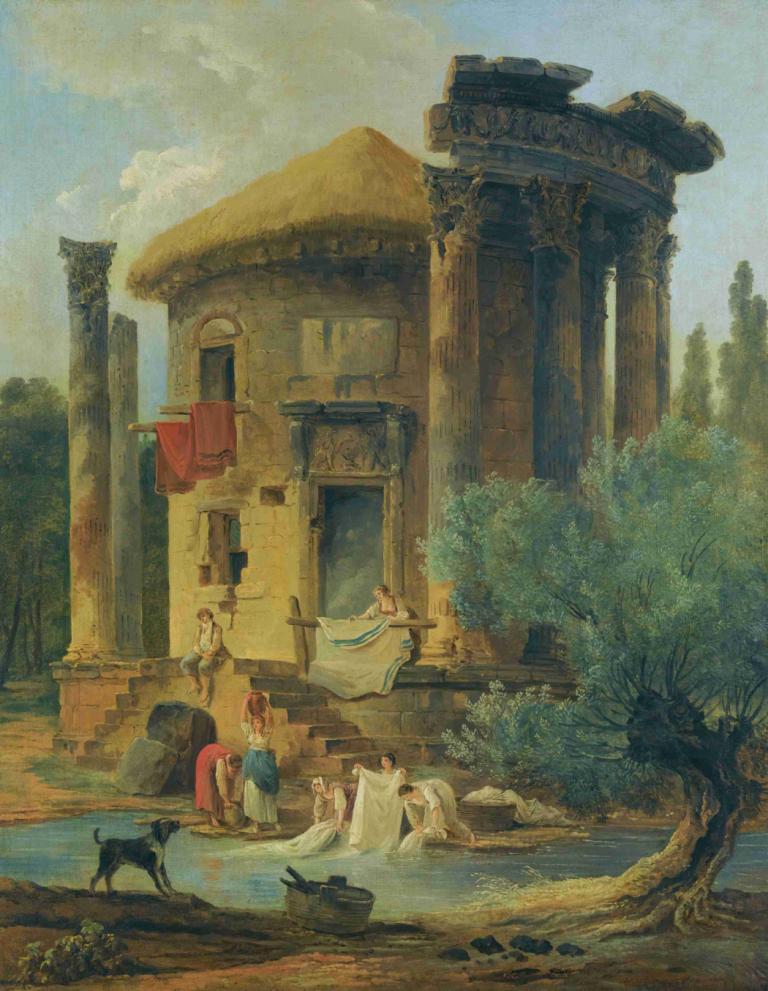 Washerwomen At The Edge Of A River, Beneath A Ruined Circular Temple,Wäscherinnen am Rande eines Flusses