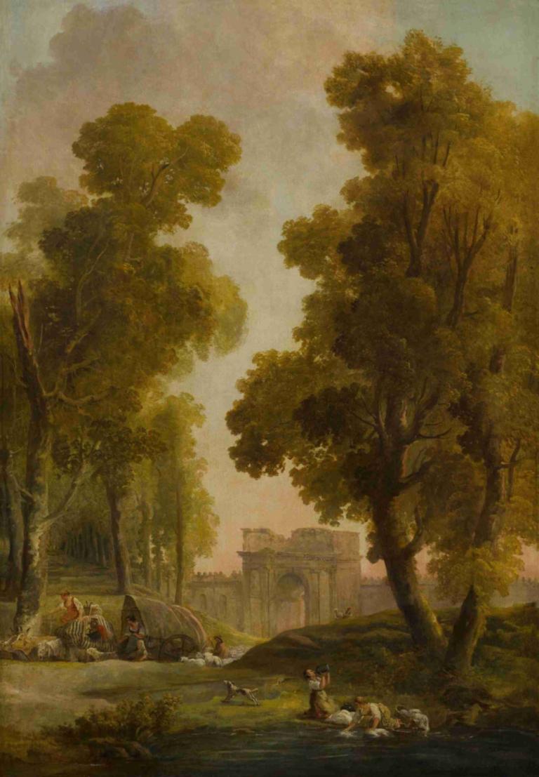 Washerwomen in a landscape, with a group of shepherds before an allée of trees