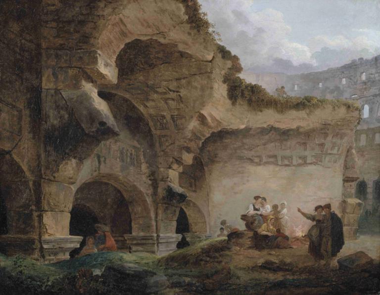 Washerwomen in the Ruins of the Colosseum,Vaskekvinder i Colosseums ruiner,Hubert Robert,Oliemaleri