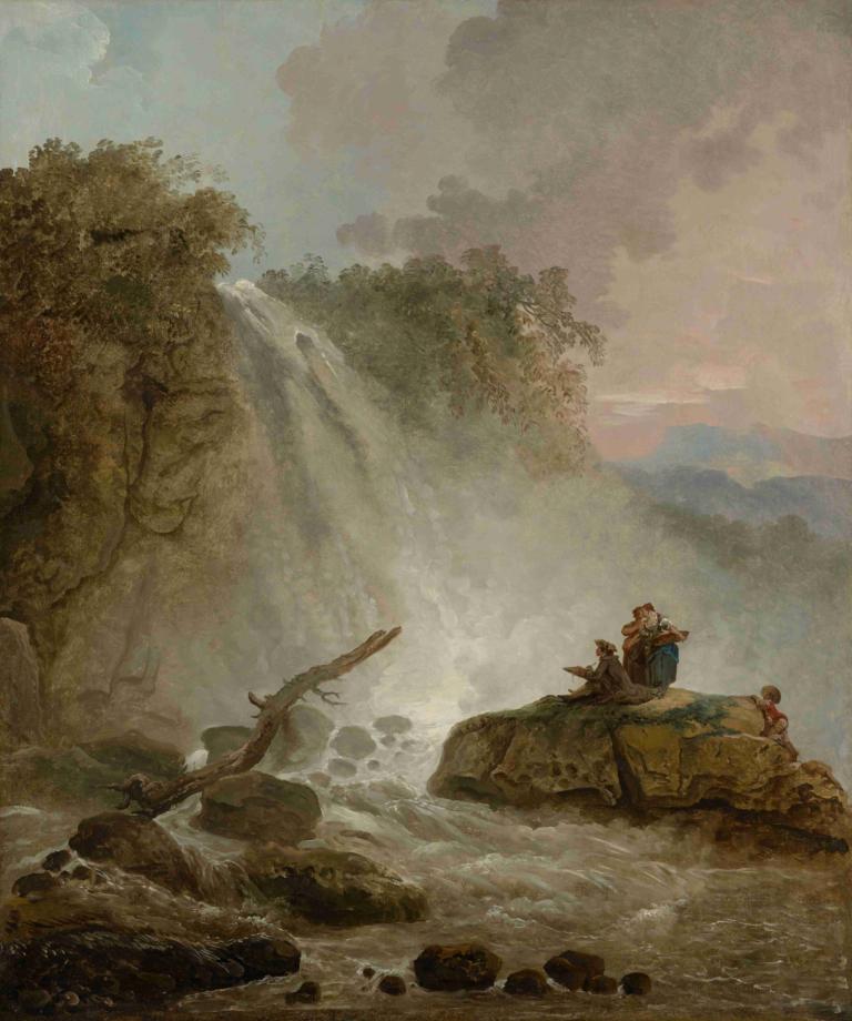 Waterfall with Drawing Artist,Air Terjun dengan Seniman Gambar,Hubert Robert,Lukisan cat minyak