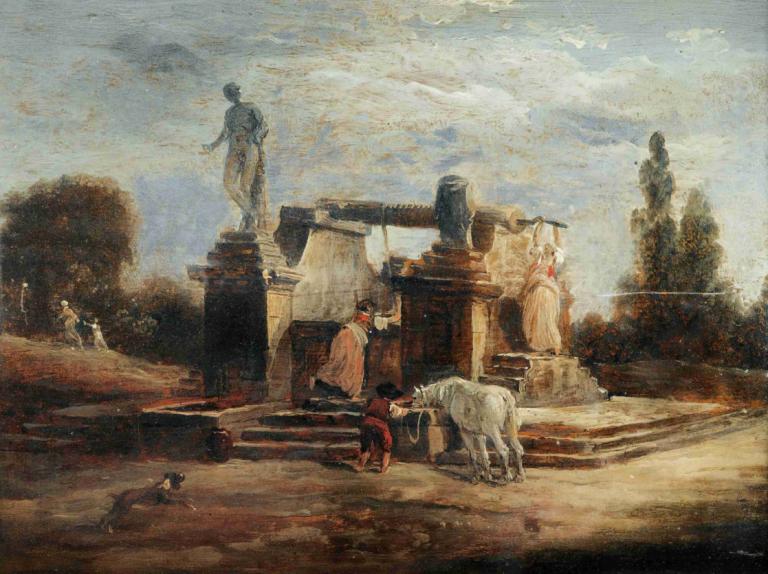 washerwomen at the fountain,wanita tukang cuci di air mancur,Hubert Robert,Lukisan cat minyak