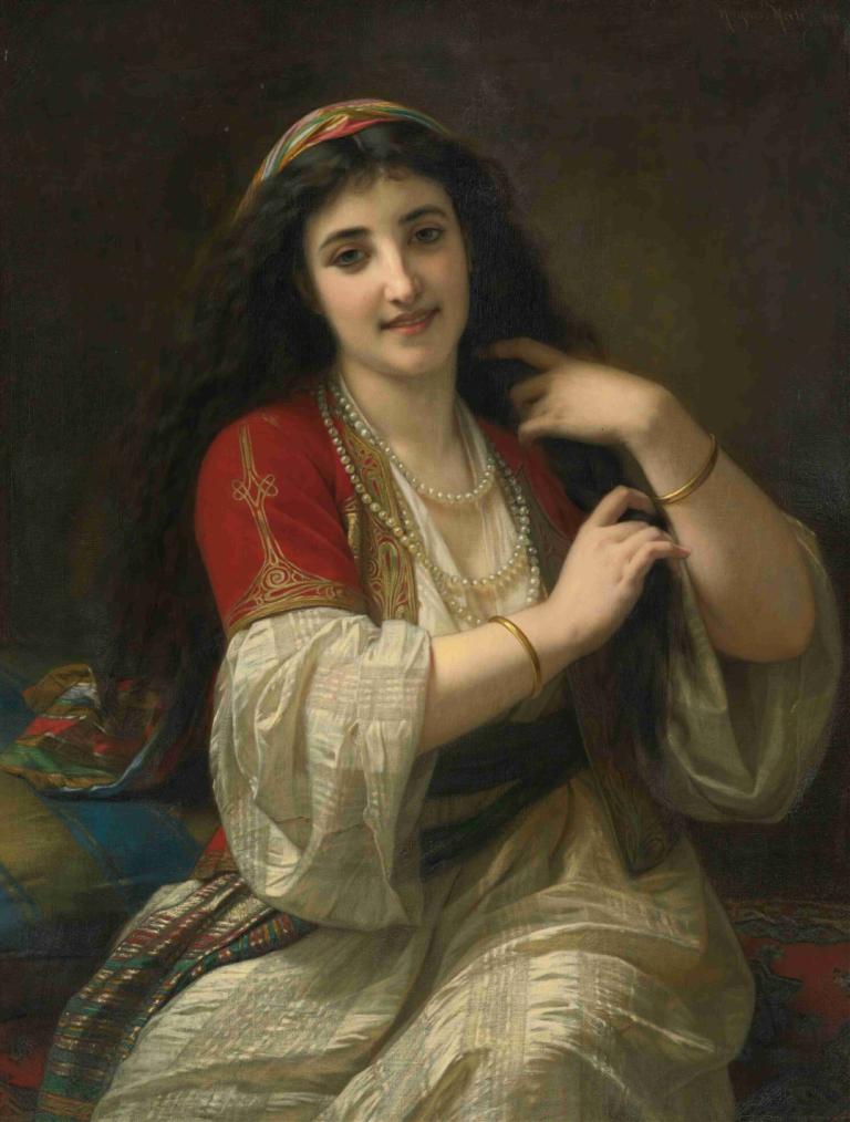 A Turkish Beauty,Hugues Merle,Oil Painting,Oil Painting, 1girl, jewelry, solo, black hair, necklace