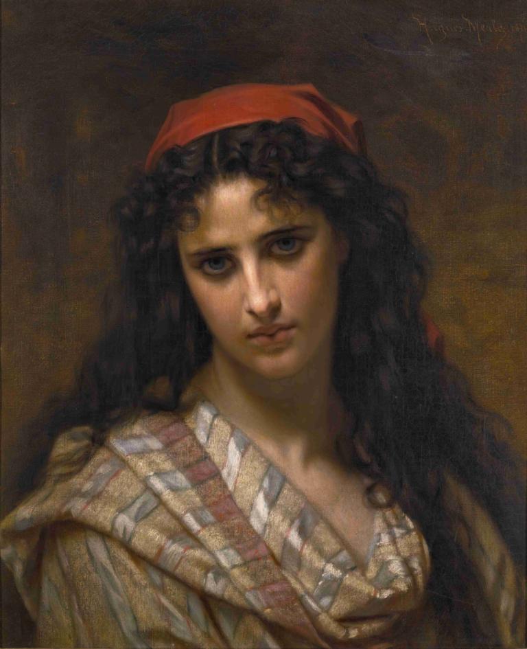 A rare beauty,Hugues Merle,Oil Painting,Oil Painting, 1girl, solo, black hair, fine art parody, realistic