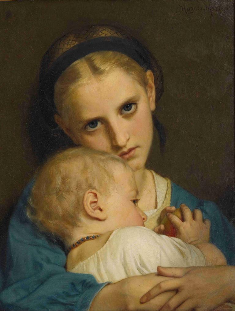 Affection,Hugues Merle,Oil Painting,Oil Painting, blonde hair, blue eyes, realistic, necklace